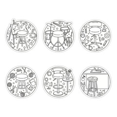 stools depicting hobbies showcasing creative interests artist painting musician playing drums scientist experimenting knitter crafting bartender mixing drinks chef cooking