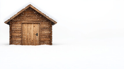 Snowy wooden cabin door and wall with falling snow creating peaceful winter solitude