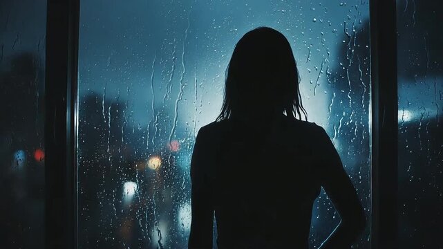 A lone figure stands before a rain-soaked window, framed by cool blue city lights, capturing a mood of solitude, reflection, and quiet emotional heaviness.