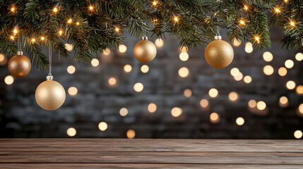 Gold Christmas ornaments hanging from fir branch with warm lights and wooden table