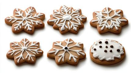 Fototapeta premium Snowflake gingerbread cookie collection with white icing and festive detail