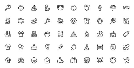 Baby Shower icon set. Vector illustration. Includes ymbols for rattle, teddy bar, stroller, cake, pacifir, gift, balloons, bib andmore. Editable stroke.