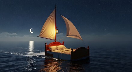 Surreal Bed Sailing on the Ocean Under a Crescent Moon.