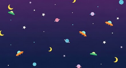 Cartoon space background with planets stars and uf os on dark purple sky