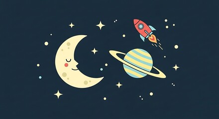 Cartoon space illustration moon planet rocket and stars on dark blue background