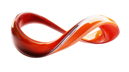 Red and orange glossy infinity symbol with smooth reflecting surface on transparent background, representing endless loop and concepts of eternity