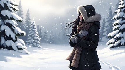 A young woman bundled in a warm winter coat and scarf stands in a serene snowy forest with falling snowflakes.