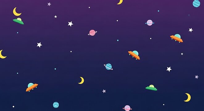 Cartoon space background with planets stars and uf os on dark purple sky