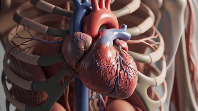 Human heart anatomy, detailed illustration. Heart with ribcage, lungs and blood vessels. Medical 3D rendering. Red and blue colors. Isolated on white background. Cardiac system. Human body. Internal