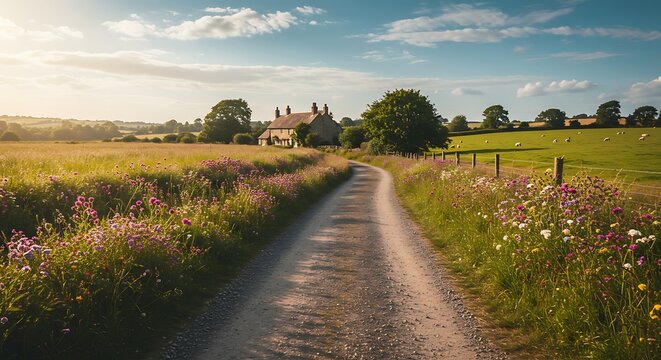 Scenic country road leading to a charming stone house, surrounded by fields and a vibrant sky