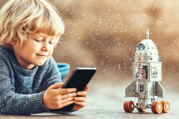 ittle boy controlling self made constructed rocket with his smartphone