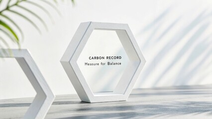 Stylish modern hexagonal display frame with an inscription about carbon records and balance on a bright background