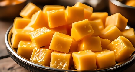 Close-up of Vibrant Yellow Tropical Mango Jelly Pieces on a Plate.