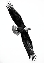 Fototapeta premium Majestic Bald Eagle in Flight with Powerful Wings Monochrome Image Showcasing Strength and Freedom against a Clean White Backdrop