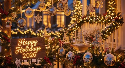Festive Outdoor Christmas Decorations with Glowing 'Happy Holidays 2026' Sign and Warm Bokeh Lights