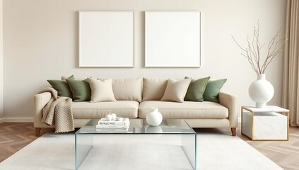 Naklejka premium Modern living room with neutral sofa glass coffee table and blank wall art