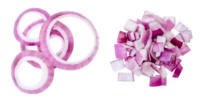 Top view set of fresh red or purple Spanish onion rings and cube shape slices in stack isolated with clipping path in png file format