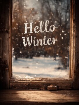 A rustic wooden window frame with the words "Hello Winter" frosted on the glass.
