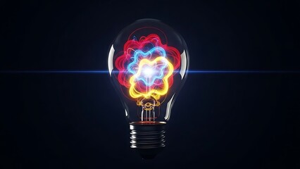 Abstract glowing atom nucleus inside a light bulb on a dark background.