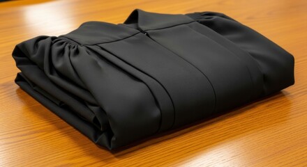 Folded Black Graduation Gown on Wooden Table, Academic Attire Still Life