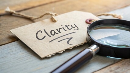 Clarity Written on Tag with Magnifying Glass on Rustic Wooden Background for Clear Communication and Understanding Concept