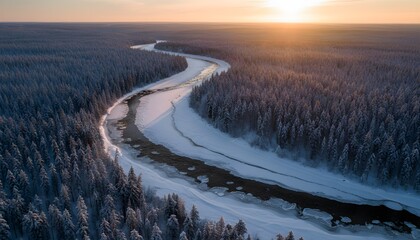 Aerial panoramic view of a serene winter landscape featuring a winding partially frozen river cutting through a dense, snow-covered coniferous forest under a warm golden sunset or sunrise sky, showcas