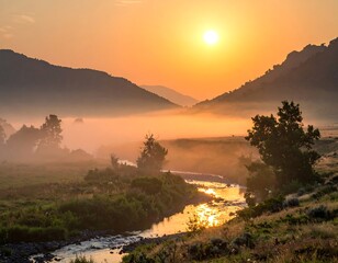 Scenic, dreamy landscape of a river meandering between rolling hills, bathed in the warmth of the sunrise