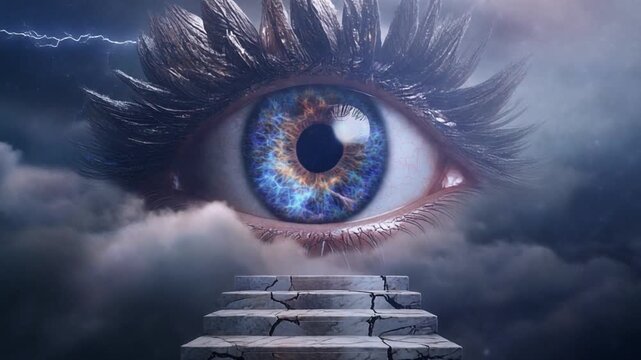 Floating staircase to sky beneath giant blue eye with lightning iris, symbol of insight and transcendence, editorial style with surreal fantasy-spiritual energy.