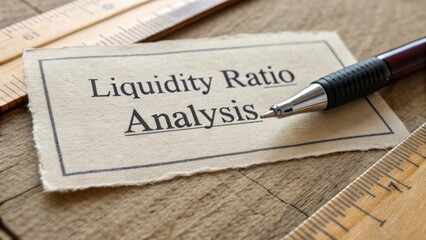 Detailed Liquidity Ratio Analysis Card on Wooden Desk with Pen and Ruler for Financial Study and Business Evaluation