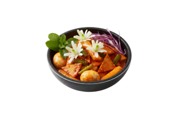 Tteokbokki rice cake sticks and leeks in Kochujang sauce, a sweet and spicy Korean dish, garnished with carved leek flowers and purple cabbage slices, with mint leaves on the side.