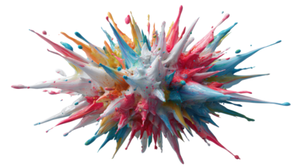 Colorful exploding paint splash with liquid droplets creating abstract vibrant explosion on transparent background