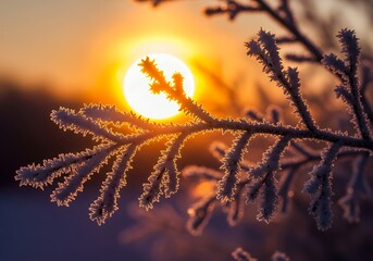 Frost-covered branches at sunrise, a serene winter morning scene with golden light.