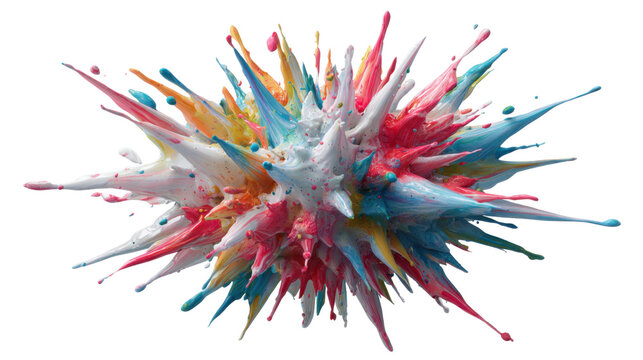 Colorful exploding paint splash with liquid droplets creating abstract vibrant explosion on transparent background