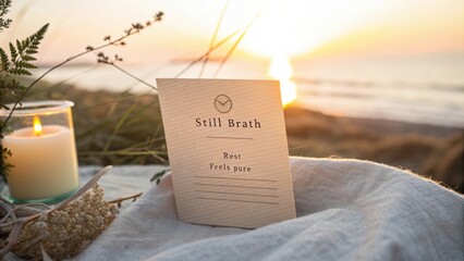 Tranquil sunset scene with a soothing message on a card, candle, and natural elements by the beach at golden hour