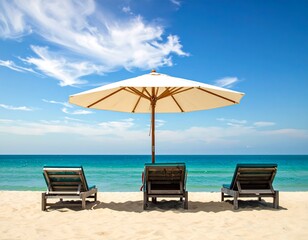 Fototapeta premium Beach scene with sun umbrella, lounge chairs, blue sky, and ocean