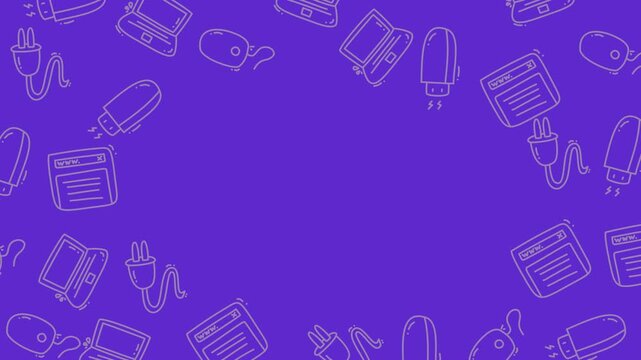 Abstract Purple Background with Outline Icons of Electronic Devices and Gadgets.