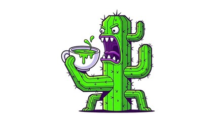 Obraz premium Angry Cactus Monster Holding Green Drink Vector Illustration