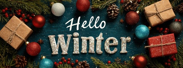 Hello Winter text on banner made of sparkling Christmas ornaments against a background of gift boxes and pine branches.
