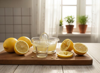 un exprimidor de limones con jugo de lim&oacute;n sobre un mes&oacute;n de cocina, alrededor muchos limones amarillos algunos enteros y otros partidos en mitades, ambiente una cocina muy luminosa