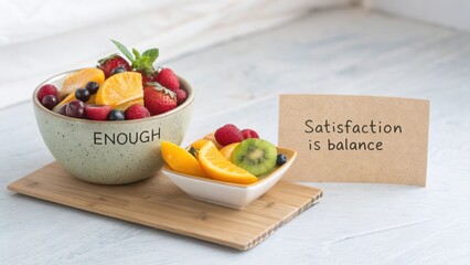 Fresh Fruit Bowl with Colorful Assortment and Inspirational Message on Balance and Satisfaction for Wellness Concepts