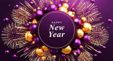 Festive new year celebration with sparkling fireworks and luxurious purple and gold baubles surrounding a central oval frame