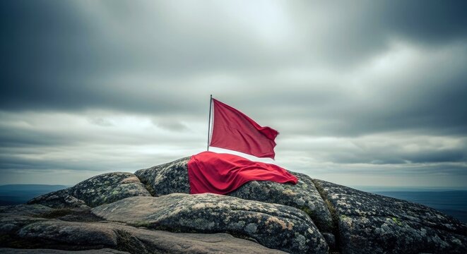A Latvian flag waves on a rocky mountain peak under a dramatic, cloudy sky. The flag is red and white, representing Latvia. - Powered by Adobe