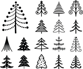 Diverse black and white Christmas tree icons featuring various whimsical shapes and festive patterns on a clean background