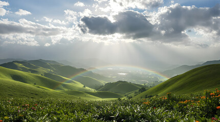summer landscape with green grass and mountains