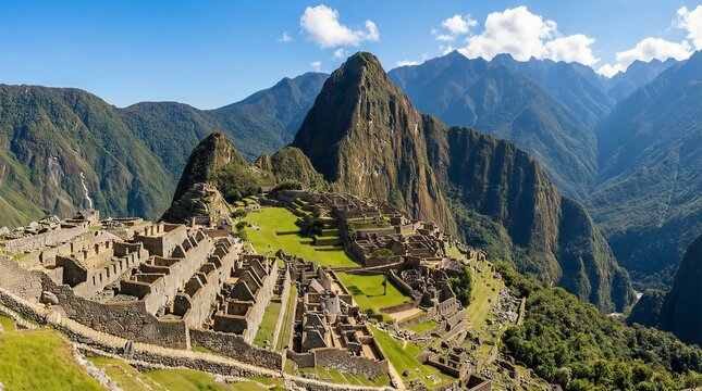 Panoramic view of Machu Picchu stone ruins and mountains in Peru