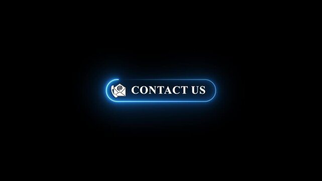 Neon contact us button animation on black background, glowing email icon call to action, customer support and communication UI element, modern website interface