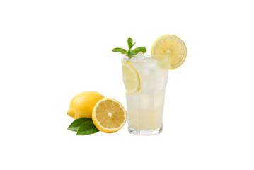 Fresh lemon juice or lemonade made with bright yellow lemons and green leaves, set against a white background.