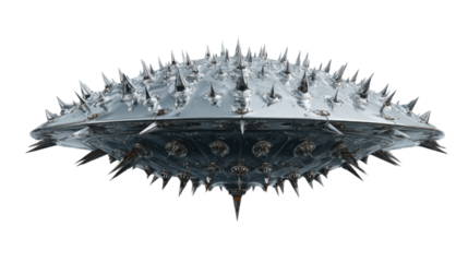 Spiked metallic alien spaceship flying saucer hostile invading unknown object with chrome texture, transparent background
