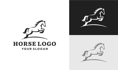 Dynamic jumping horse logo design in three color variations, suitable for branding and equestrian businesses.