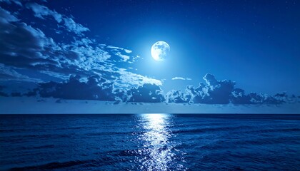 Celestial sphere over ocean at night with moon and star-lit sky
